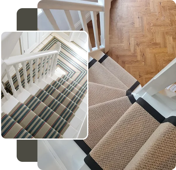 Beige and striped stair runners in white interiors.