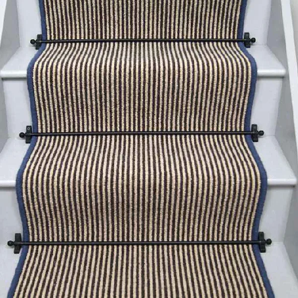 Hardy striped wool stair runner with blue edging and black stair rods. (1)