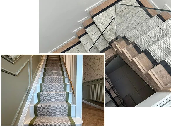 Herringbone stair runner with black and green borders.