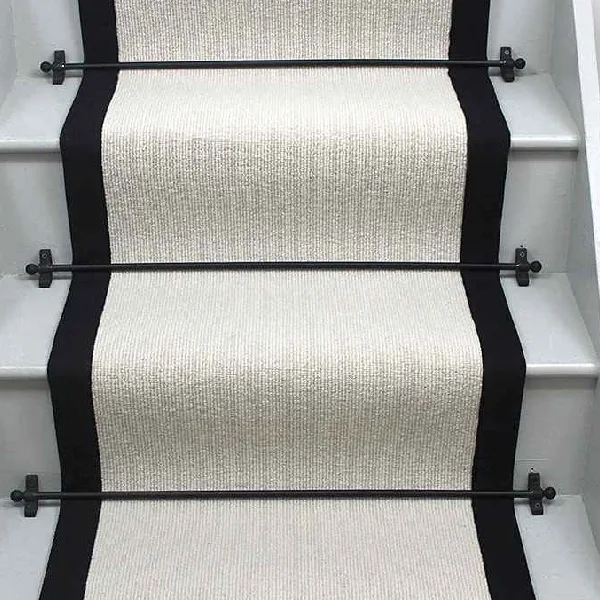 Natural Rib Pearl Hessian Wool Stair Runner with a black border and black stair rods. (1)