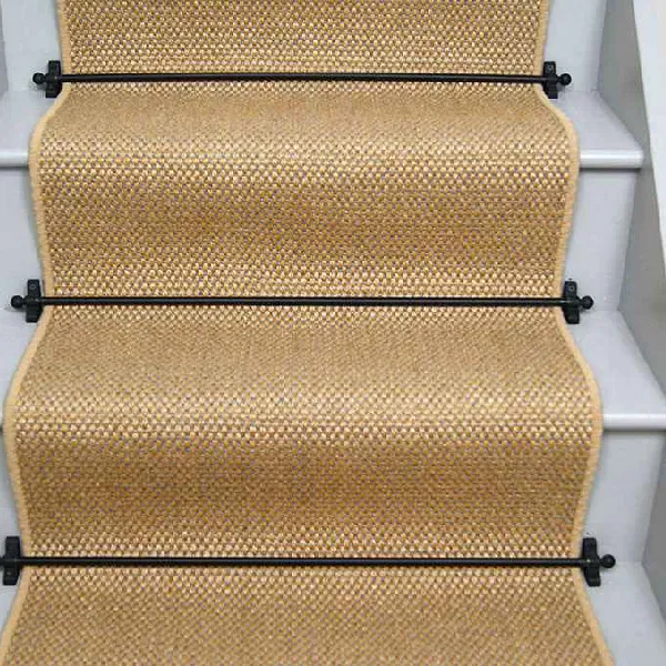 Natural mini basketweave sisal stair runner with black edging and black stair rods. (1)