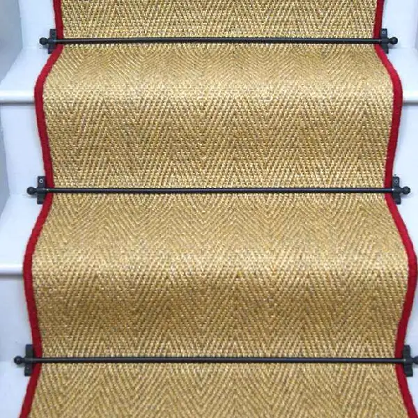 Oatmeal herringbone sisal stair runner with red edging and black stair rods. (1)