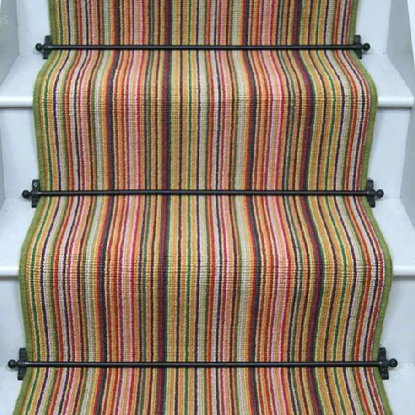 Summer Garden striped stair runner with green edging and black stair rods. (1)